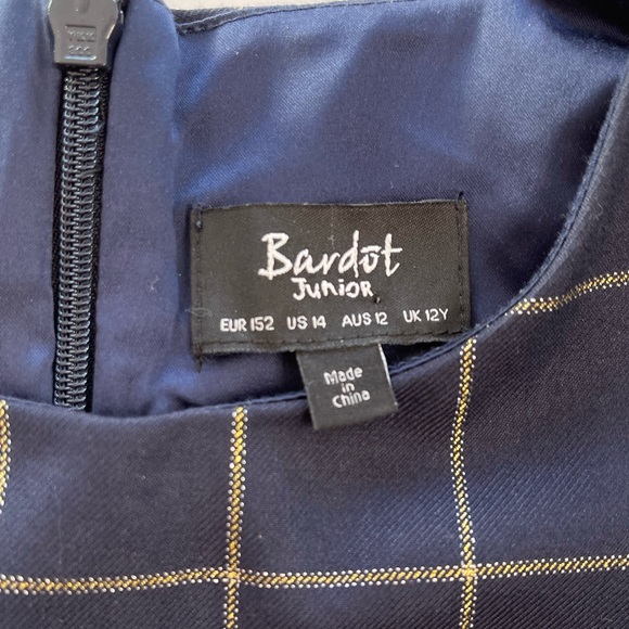 HP! Bardot Junior Navy & Gold Windowpane Dress with Bow Girls Size 14 - Picture 10 of 10